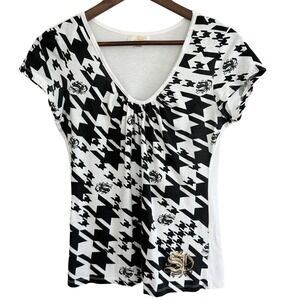 South Pole Y2K T-shirt Black White Houndstooth Cap Sleeve Gathered SIze Large